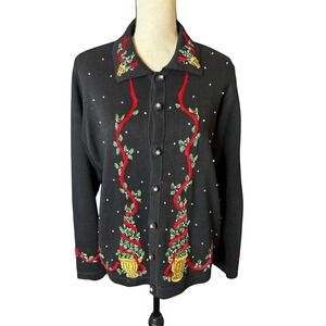 Vintage Embellished Christmas Holiday Cardigan Sweater Bells Ornaments Black L